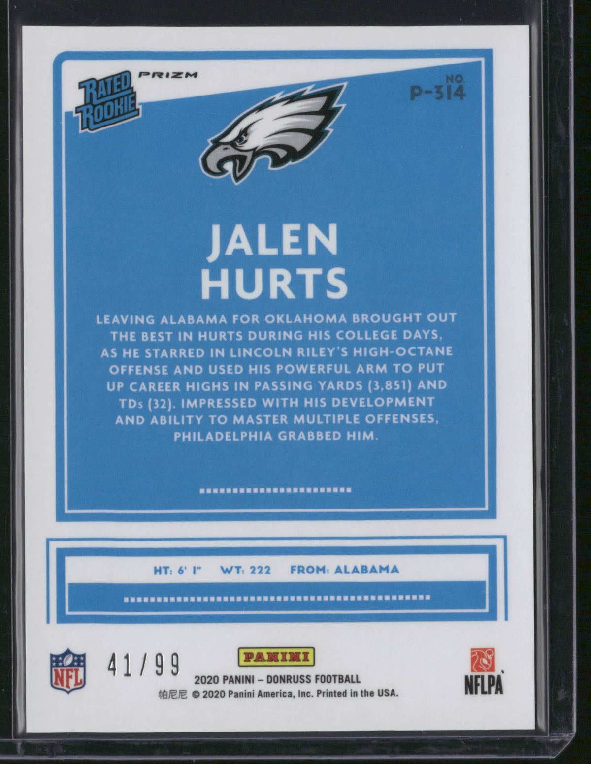 Jalen Hurts 2020 Panini Donruss Optic Prizm #P-314 Red /99