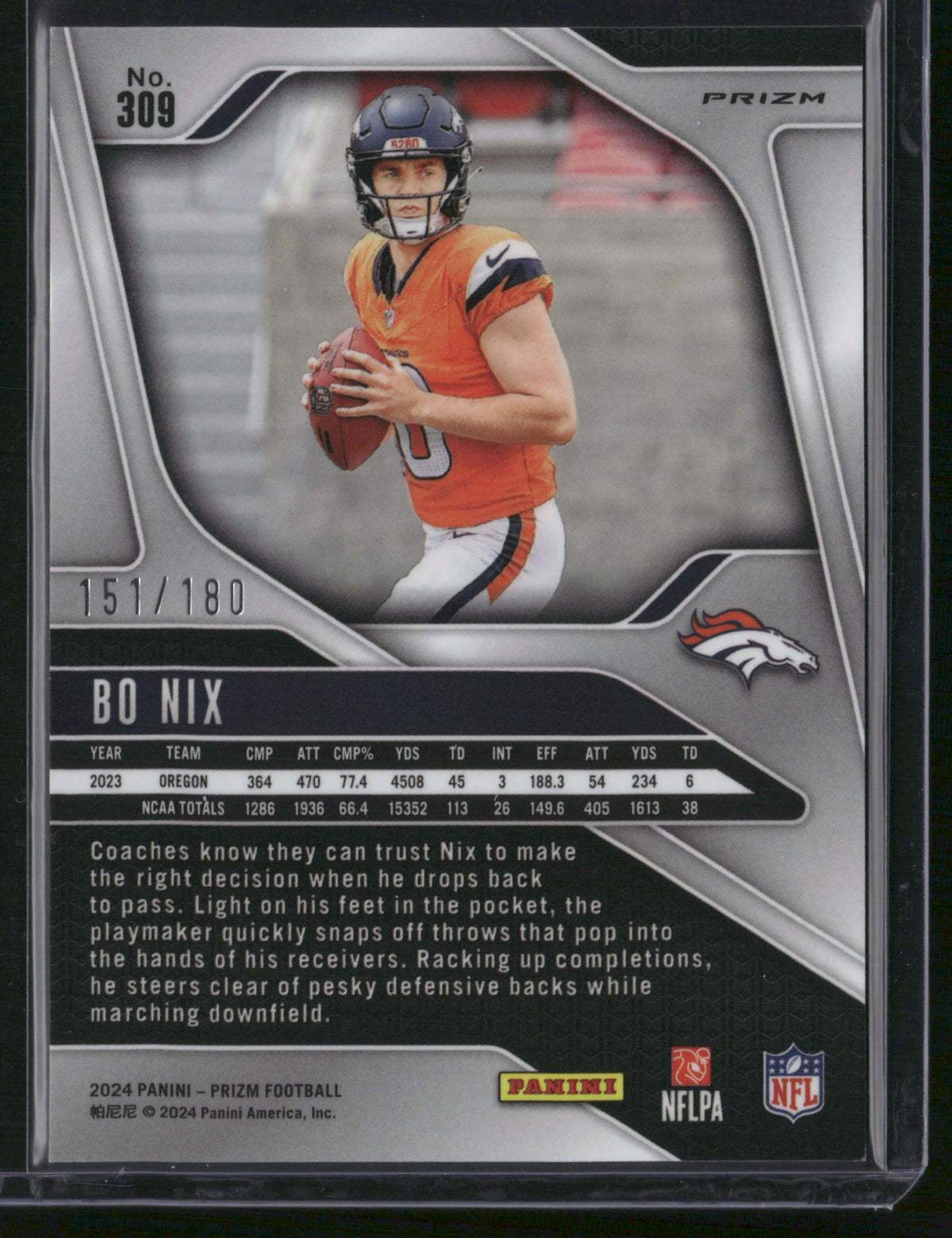 Bo Nix 2024 Panini Prizm #309 Green /180 RC