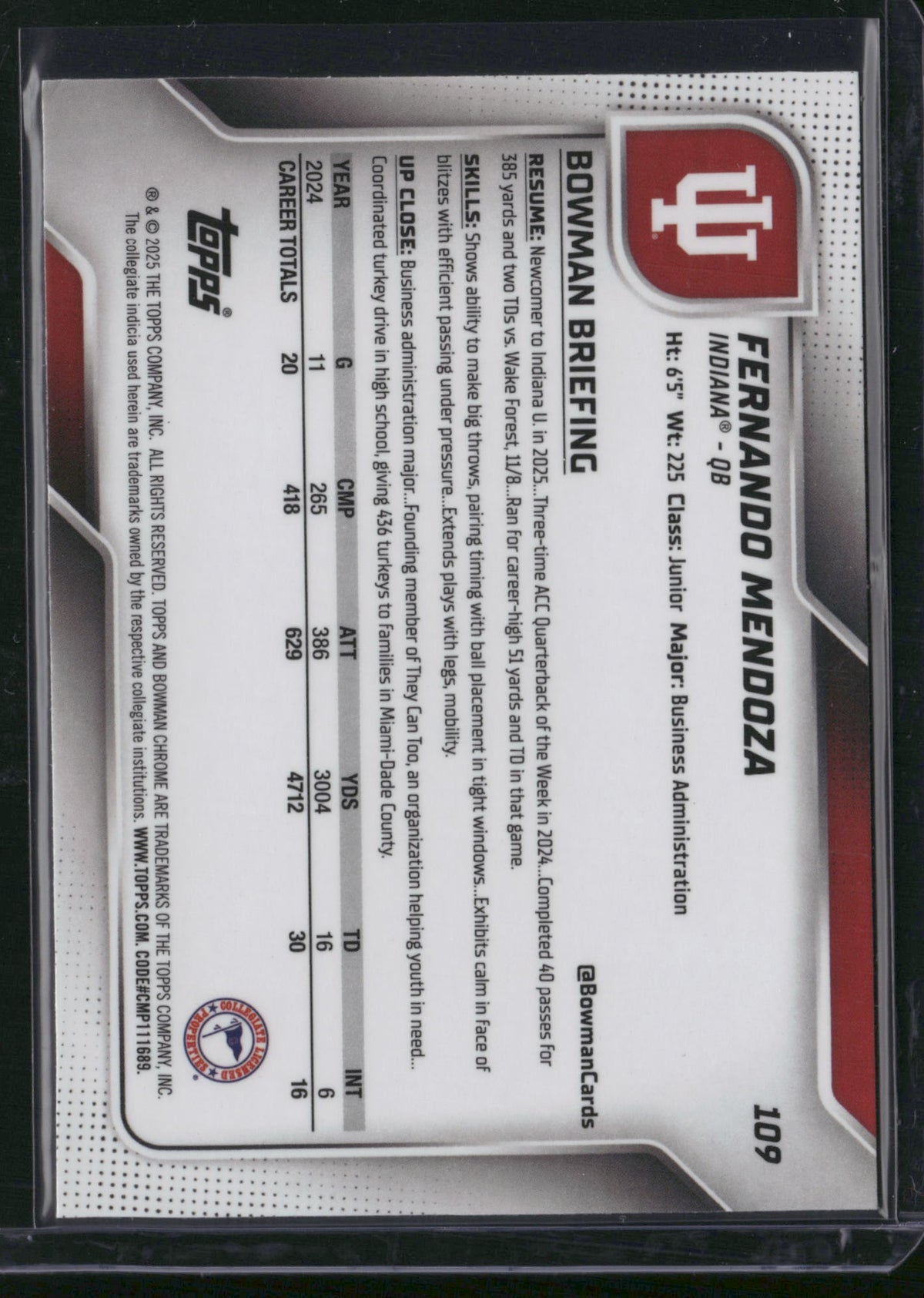 Fernando Mendoza 2025 Bowman Chrome University #109 Green Shimmer Refractor