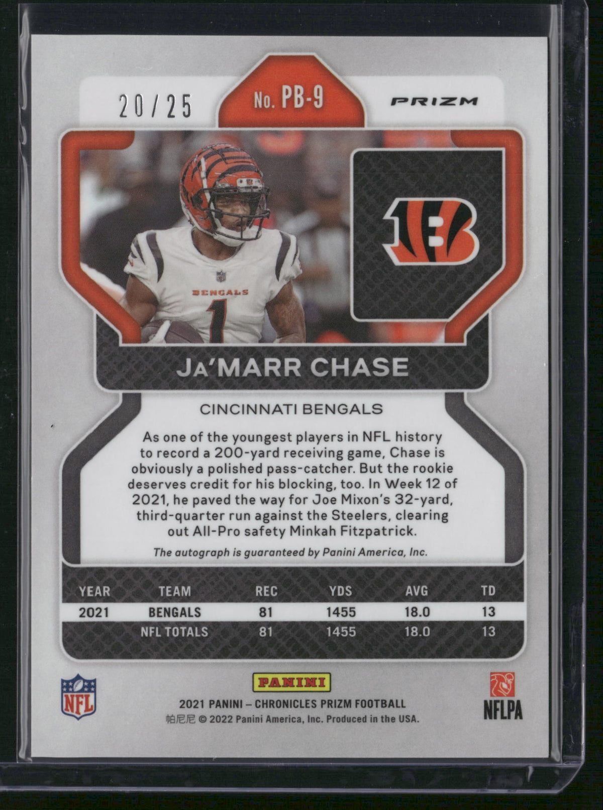 Ja'Marr Chase 2022 Panini Chronicles Prizm #PB-9 /25 RC