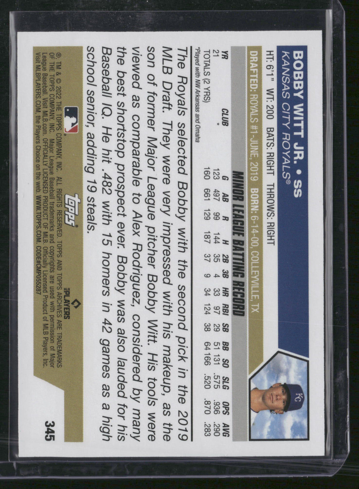 Bobby Witt Jr. 2022 Topps #345 RC