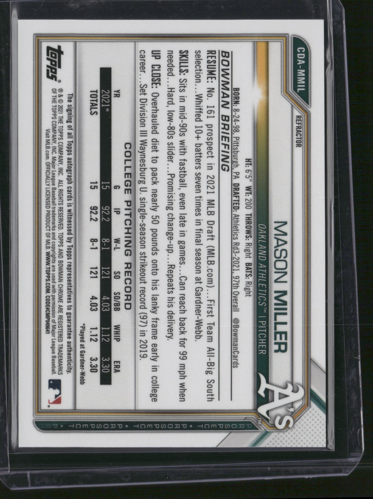 Mason Miller 2021 Bowman Chrome #CDA-MMIL Refractor /499 1st Bowman