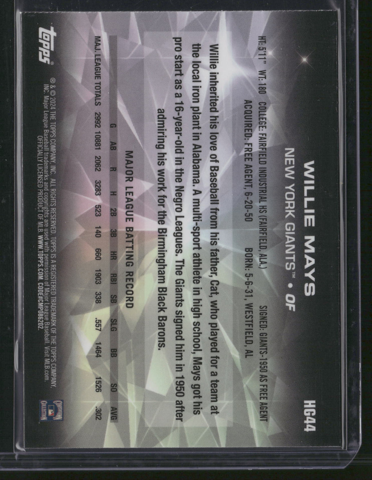 Willie Mays 2024 Topps Chrome Hidden Gems #HG44