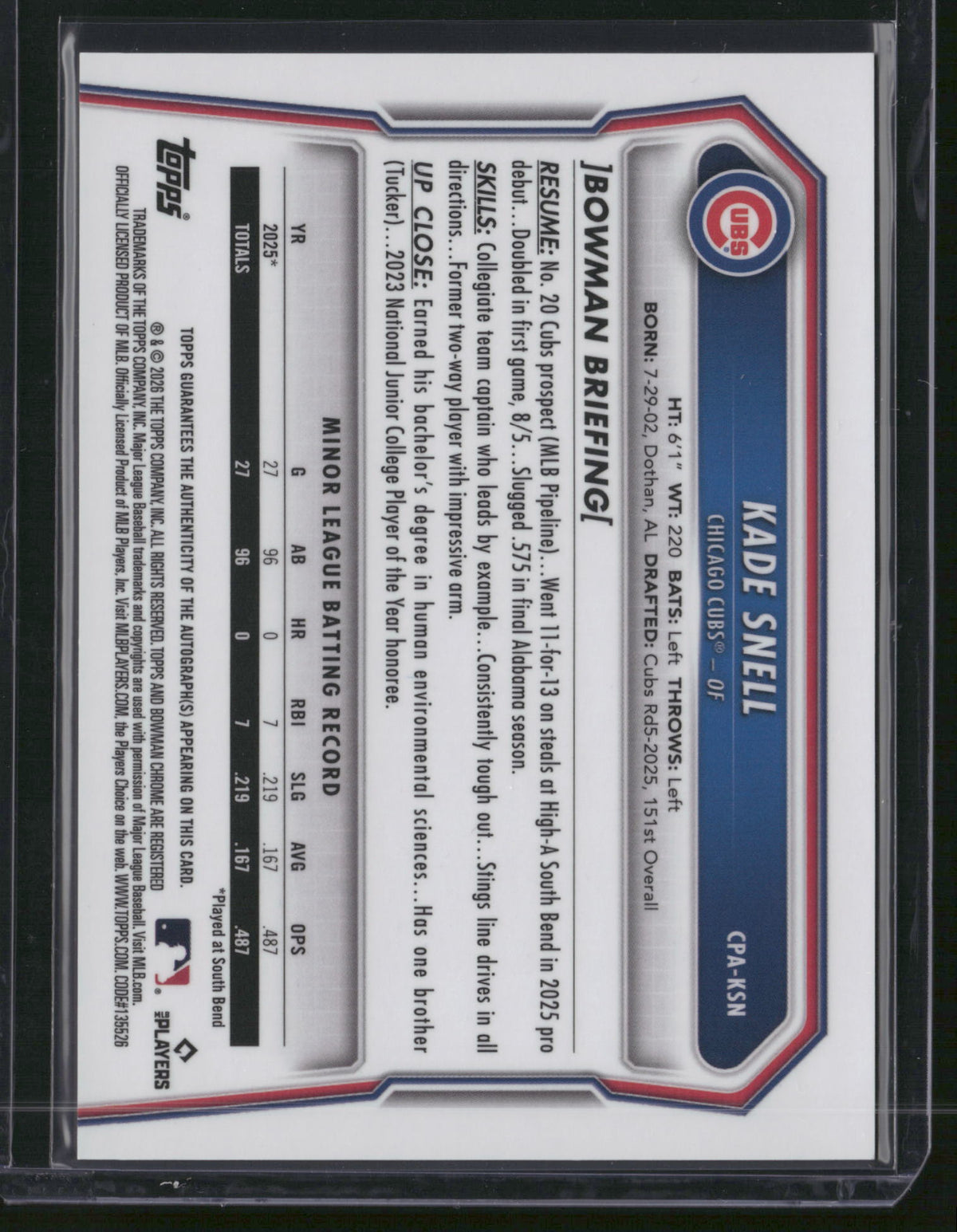Kade Snell 2025 Bowman Chrome #CPA-KSN Orange Wave Refractor /25
