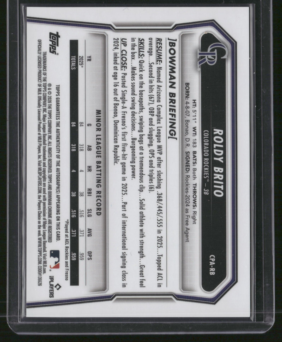 Roldy Brito 2024 Bowman Chrome #CPA-RB Yellow Geometric /75 1st Bowman