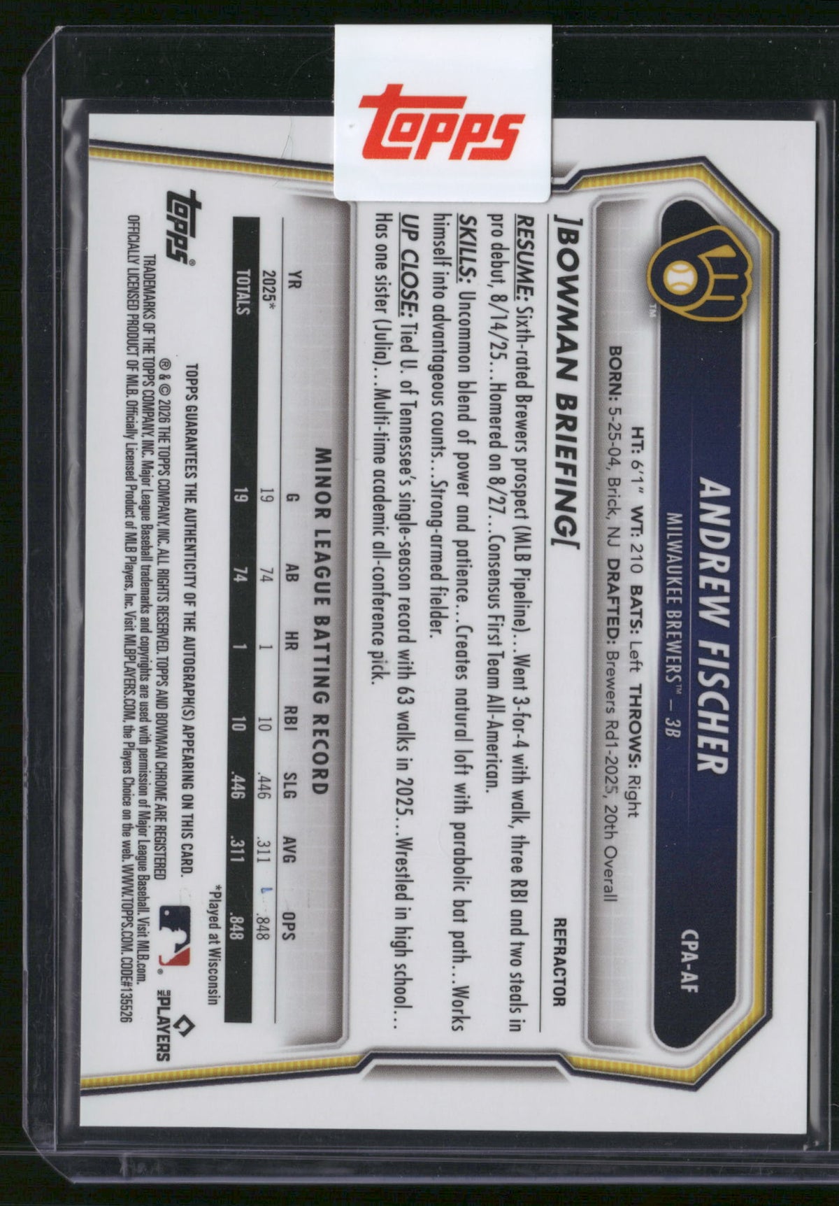 Andrew Fischer 2025 Topps Bowman Chrome #CPA-AF Refractor /499 1st Bowman