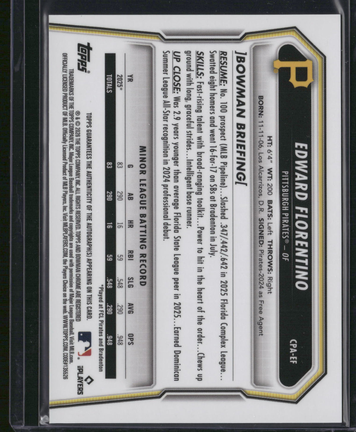 Edward Florentino 2025 Bowman Chrome #CPA-EF Green RayWave Refractor /99