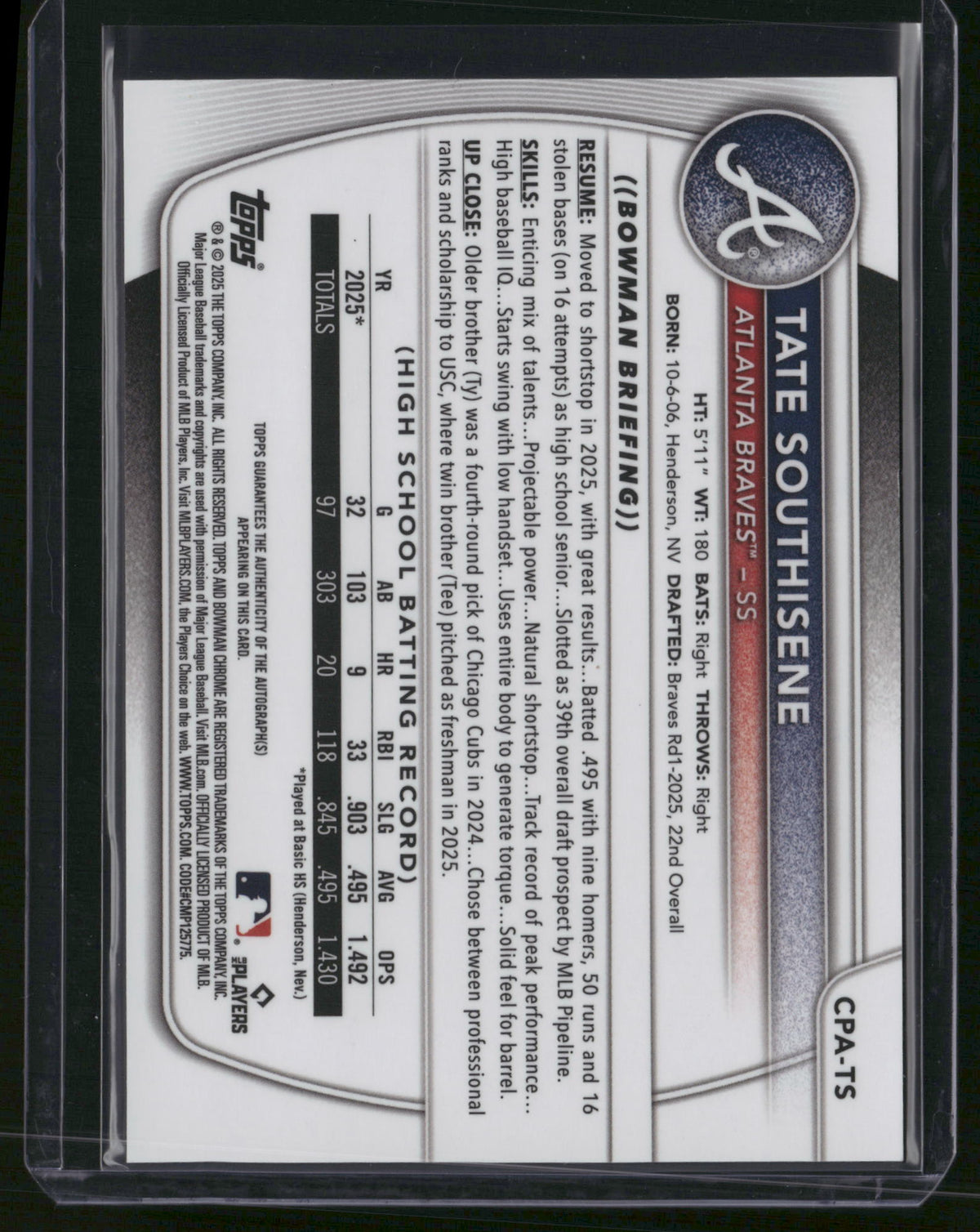 Tate Southisene 2025 Topps Bowman Chrome #CPA-TS