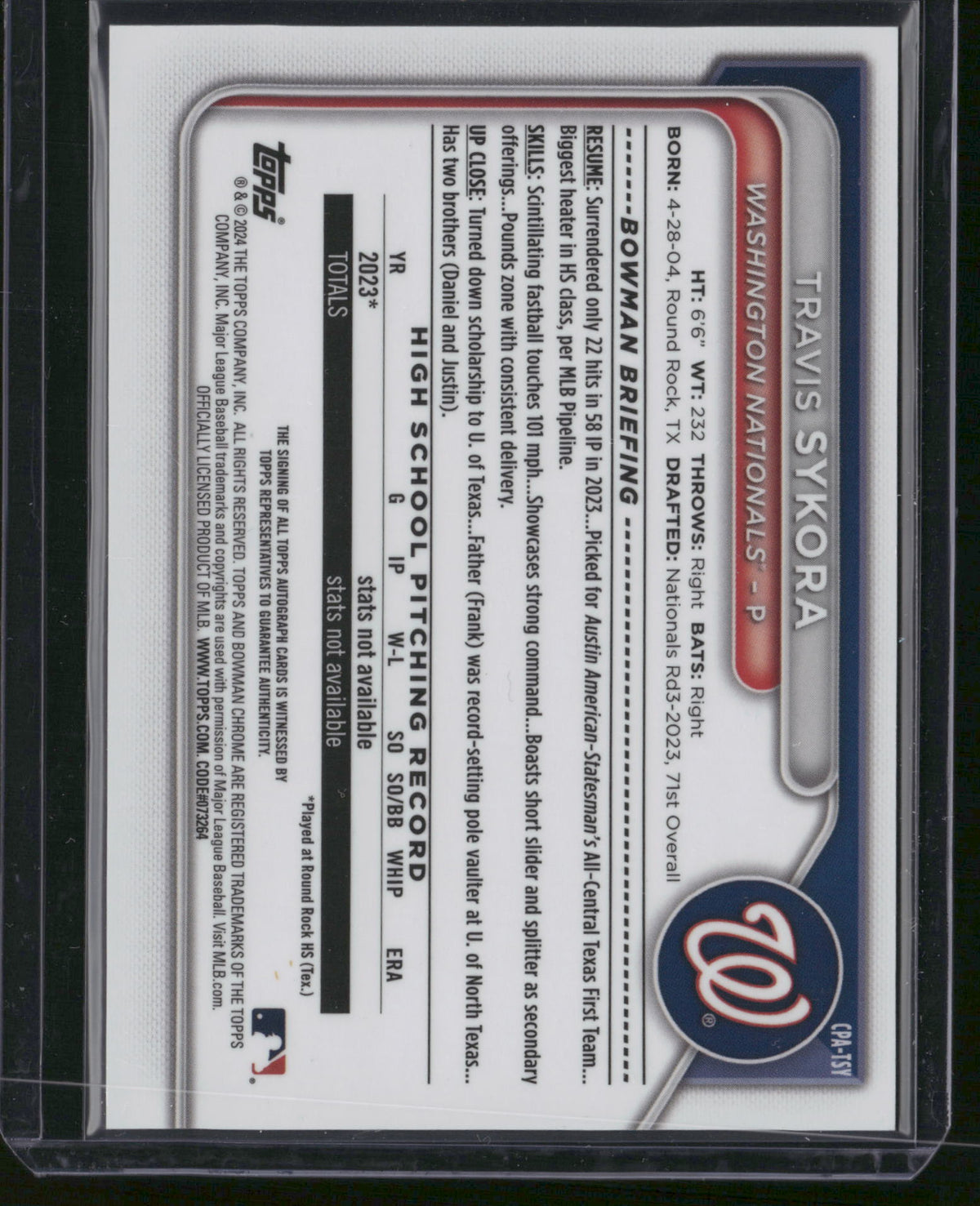Travis Sykora 2024 Bowman Chrome #CPA-TSY Green Refractor /99 1st Bowman