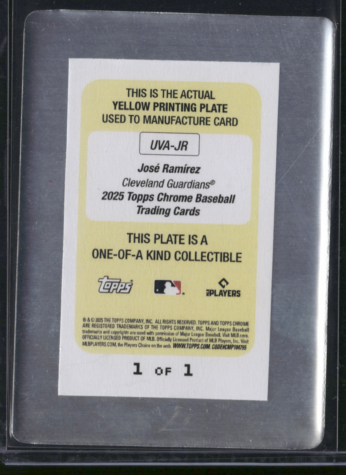 José Ramírez 2025 Topps Chrome Baseball #UVA-JR Yellow Printing Plate /1 Printing Plate