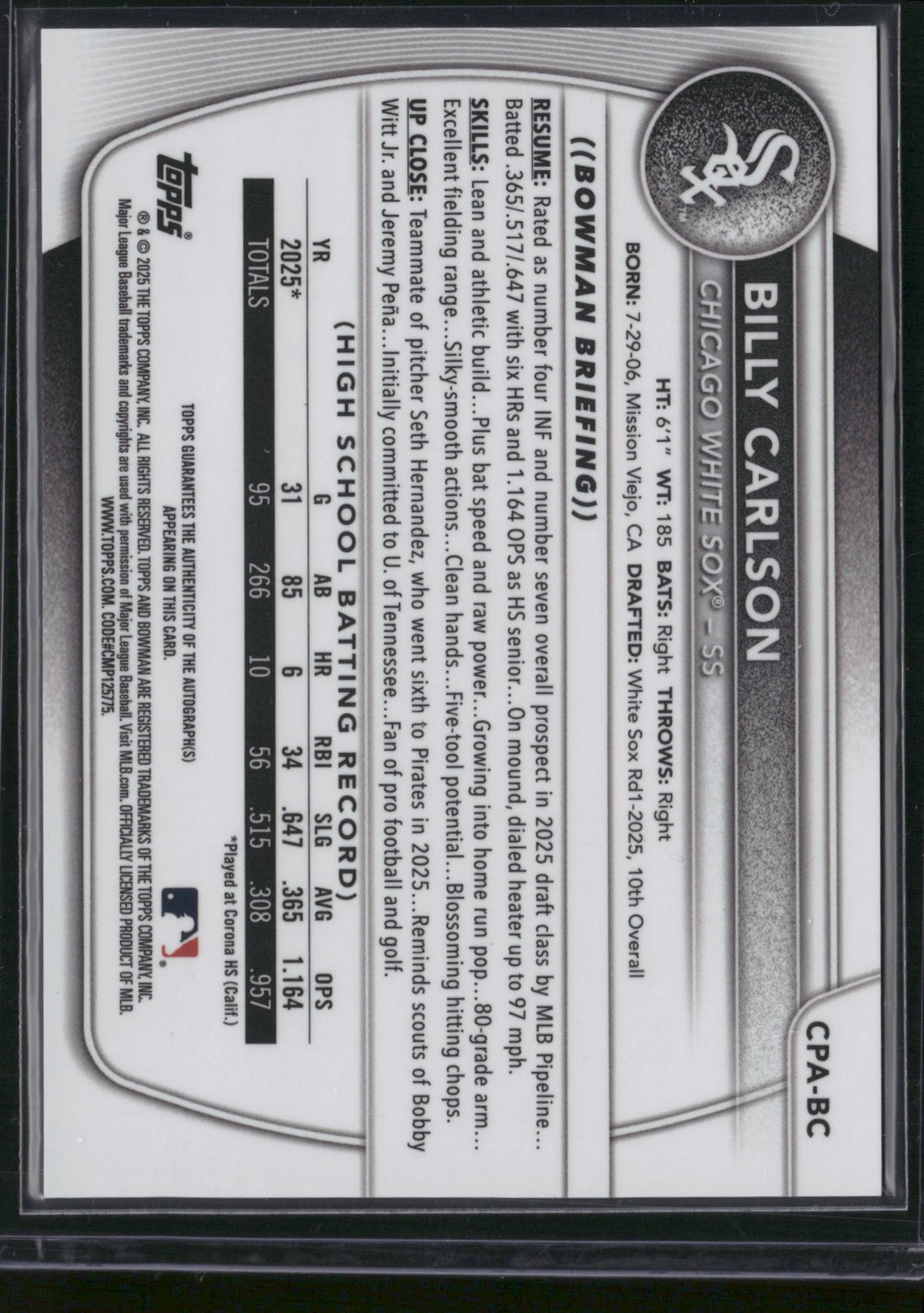 Billy Carlson 2025 Bowman Chrome #CPA-BC