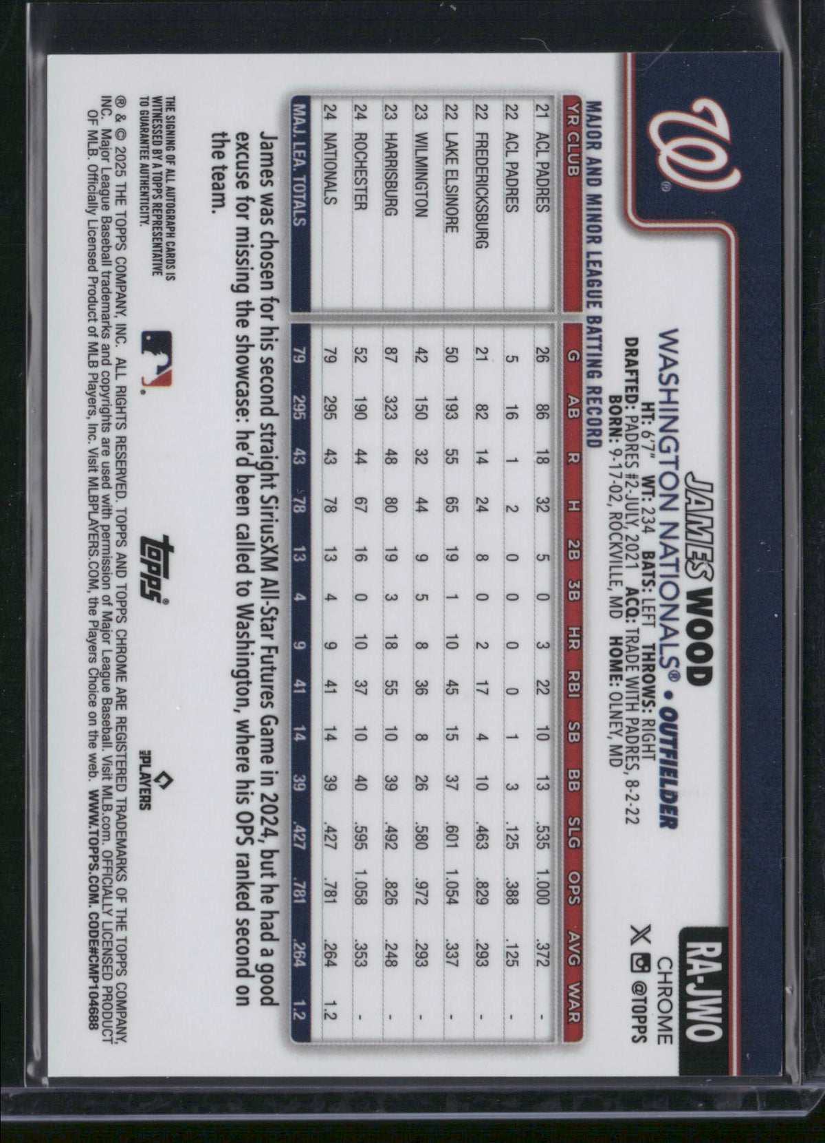 James Wood 2024 Topps Chrome #RA-JWO Blue Sapphire /199 RC