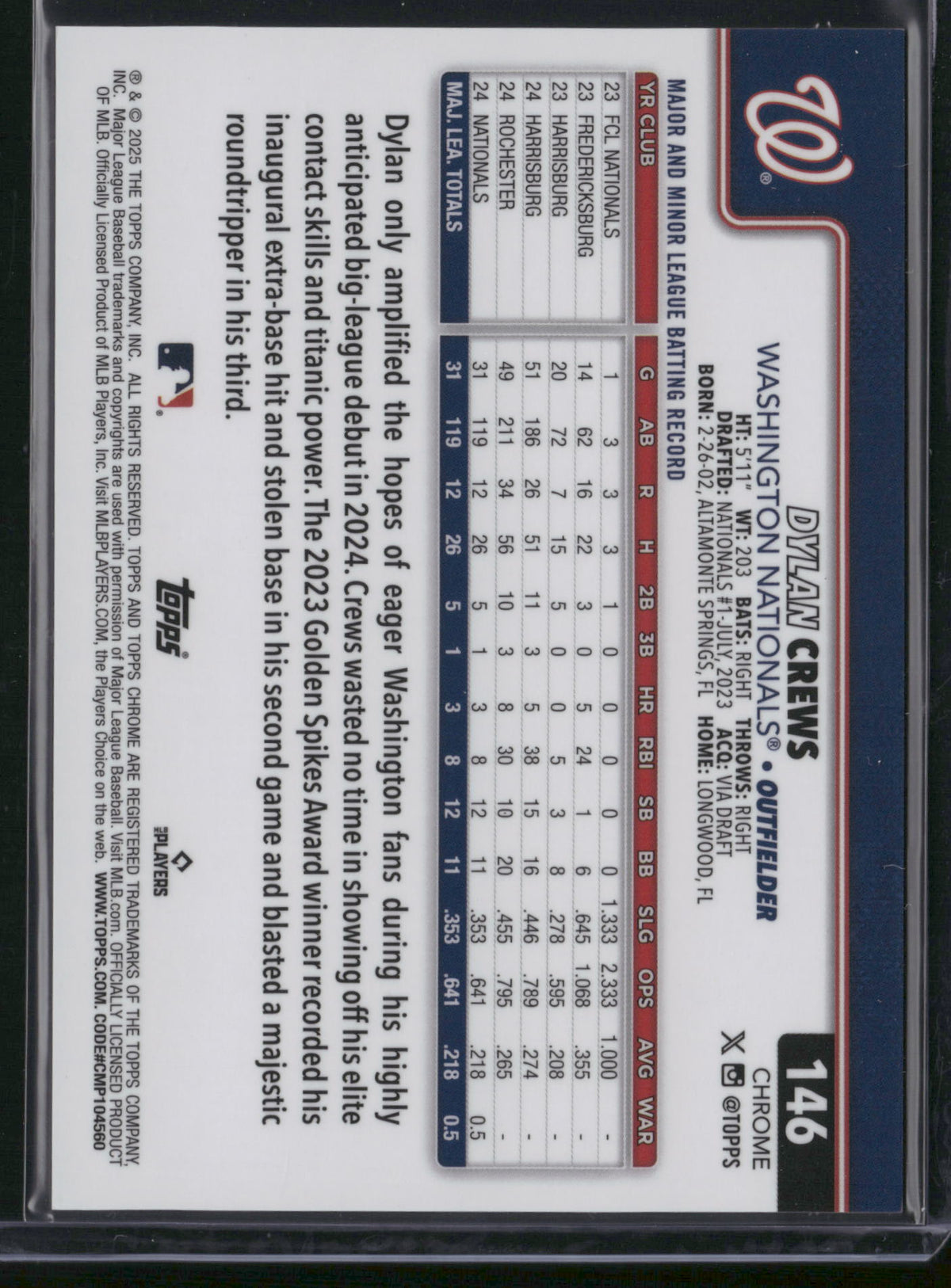 Dylan Crews 2025 Topps Chrome #146 Orange Sapphire RC