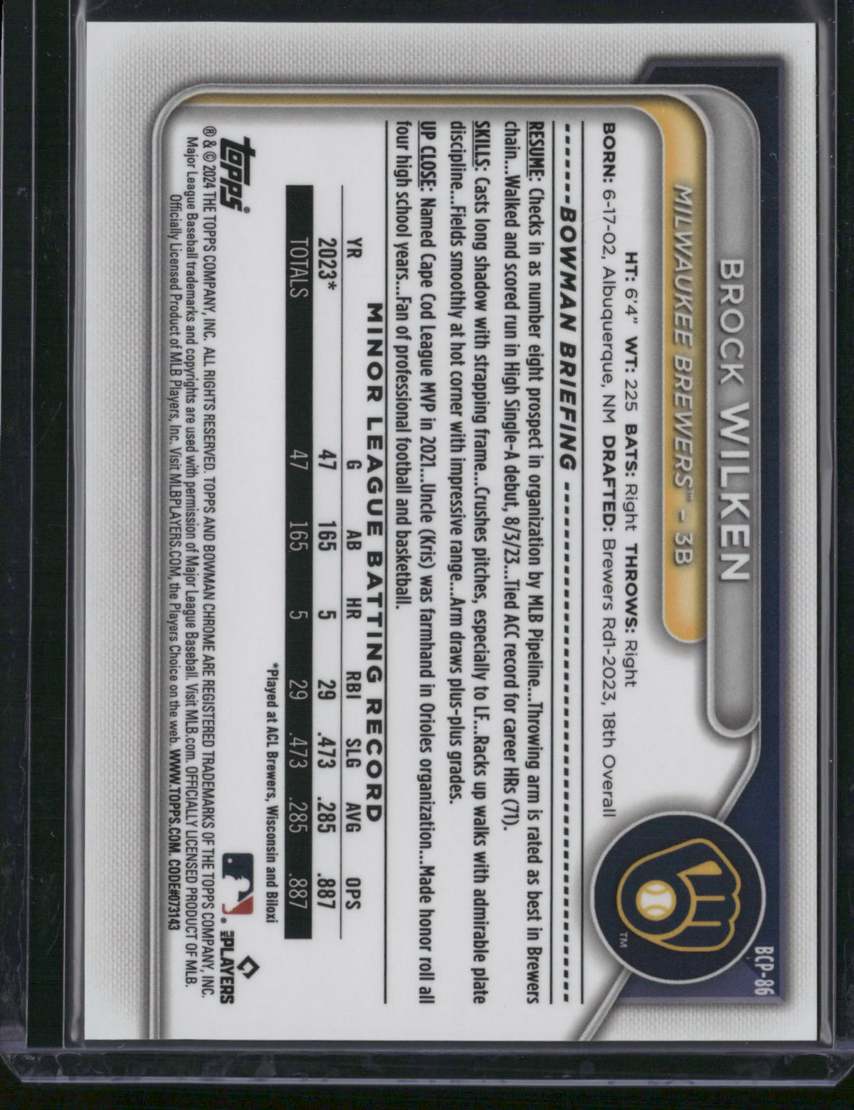 Brock Wilken 2024 Bowman Chrome #BCP-86 Orange Mojo Refractor