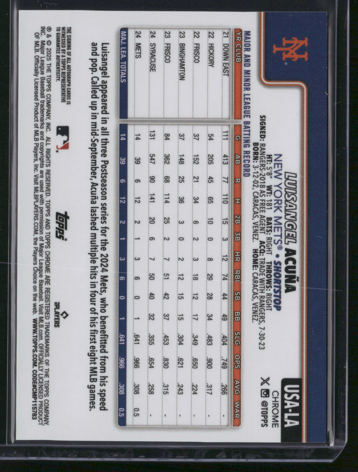 Luisangel Acuña 2025 Topps Chrome #USA-LA Black Sapphire /10 RC