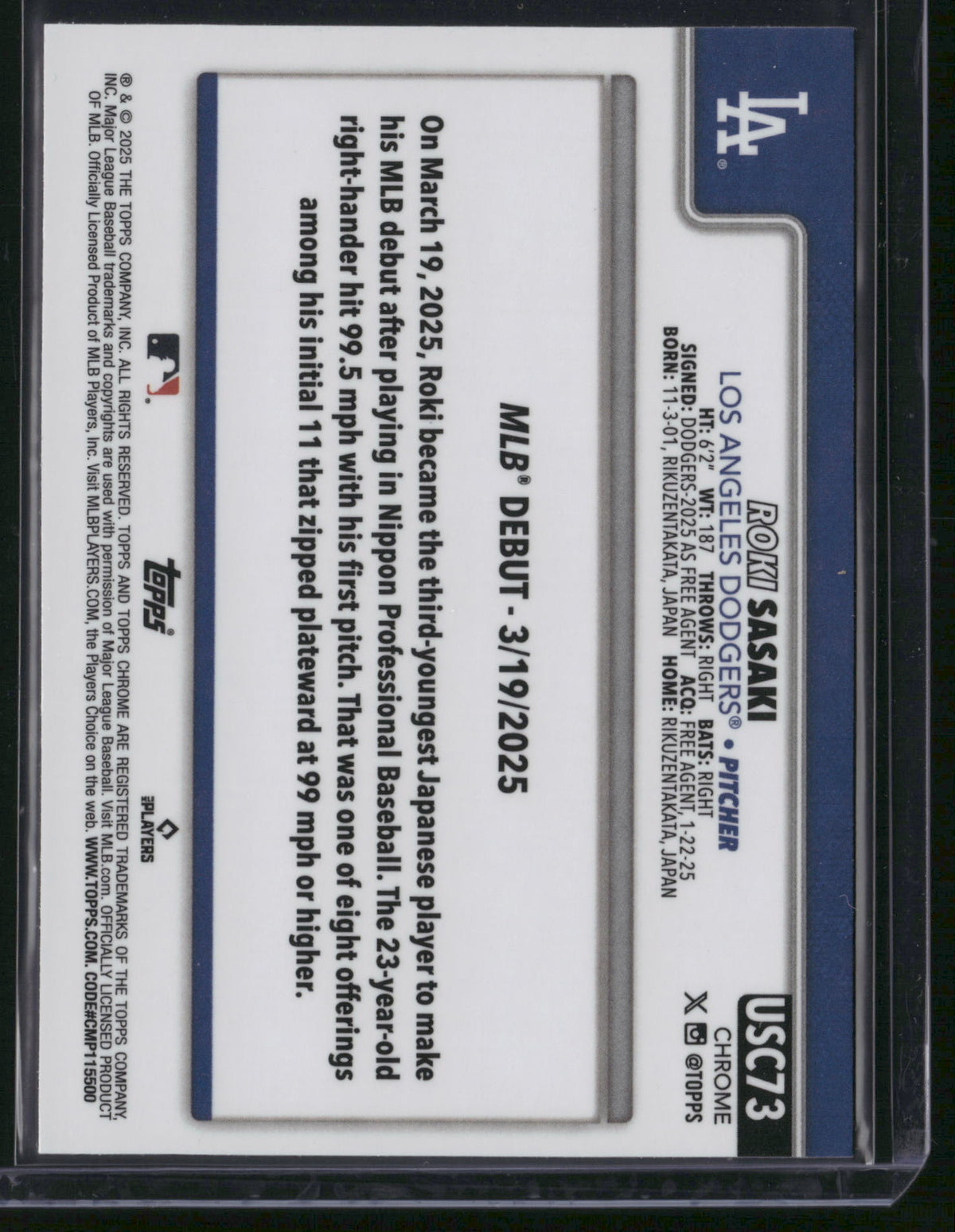 Roki Sasaki 2025 Topps Chrome #USC73 Blue Wave Refractor RC
