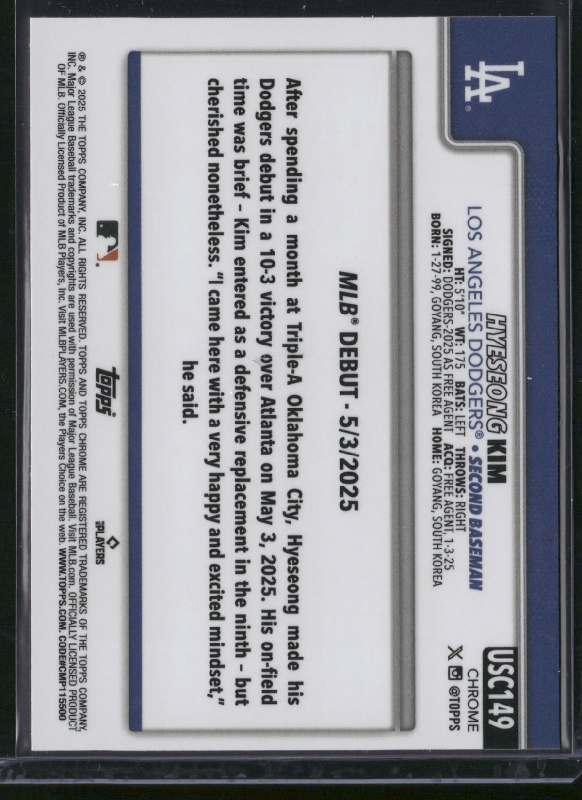 Hyeseong Kim 2025 Topps Chrome #USC149 Blue Sapphire Sapphire
