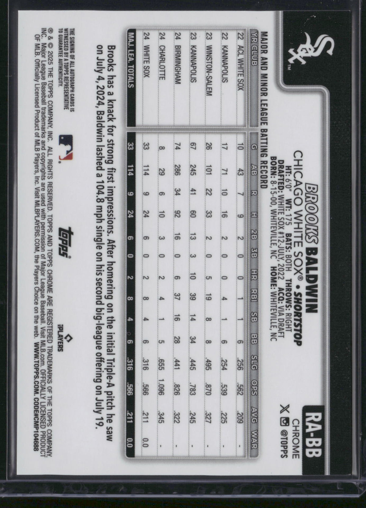 Brooks Baldwin 2025 Topps Chrome #RA-BB Blue Sapphire /199 RC