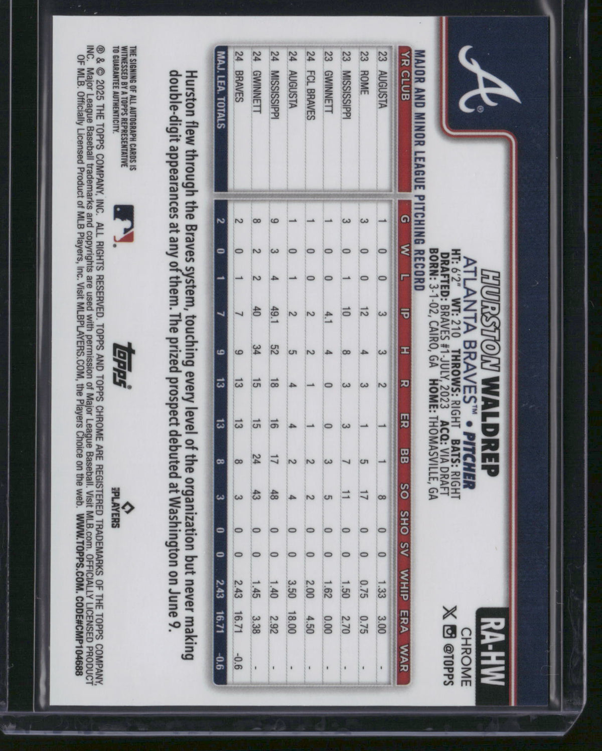 Hurston Waldrep 2025 Topps Chrome #RA-HW Blue RayWave /150 RC