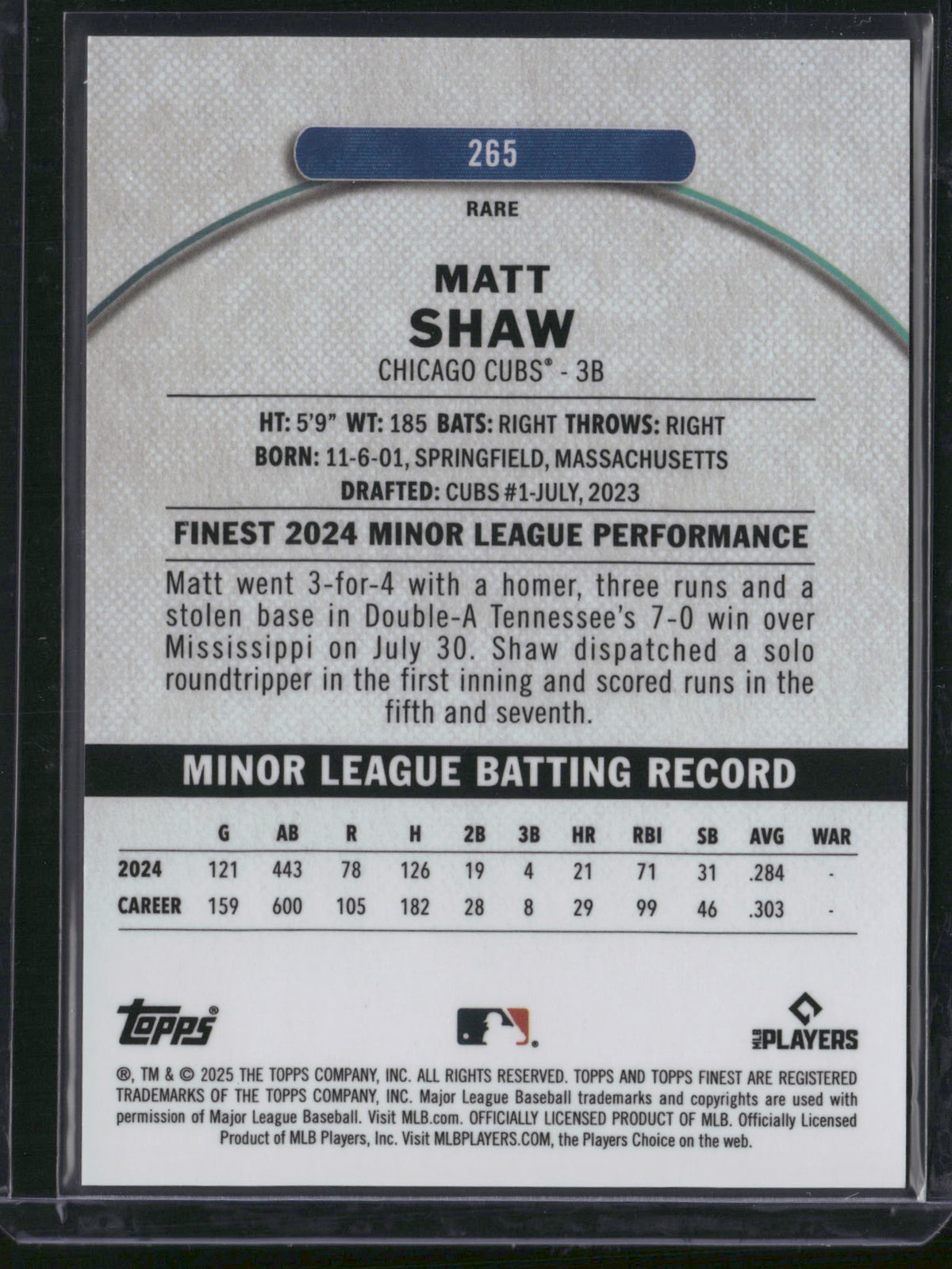 Matt Shaw 2025 Topps Finest #265 Pink /30 RC