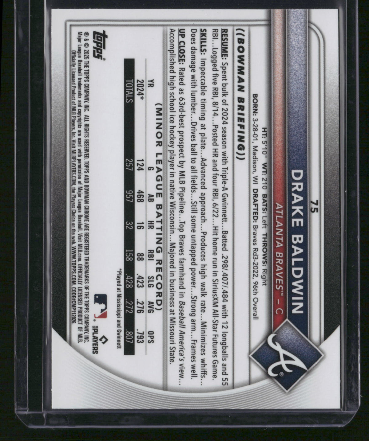 Drake Baldwin 2025 Bowman Chrome #75 Blue Sapphire