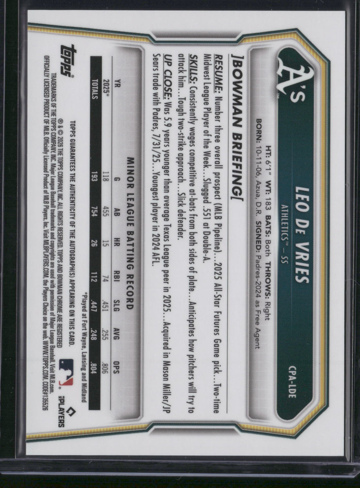 Leo De Vries 2025 Topps Bowman Chrome #CPA-LDE Green Shimmer Refractor /99