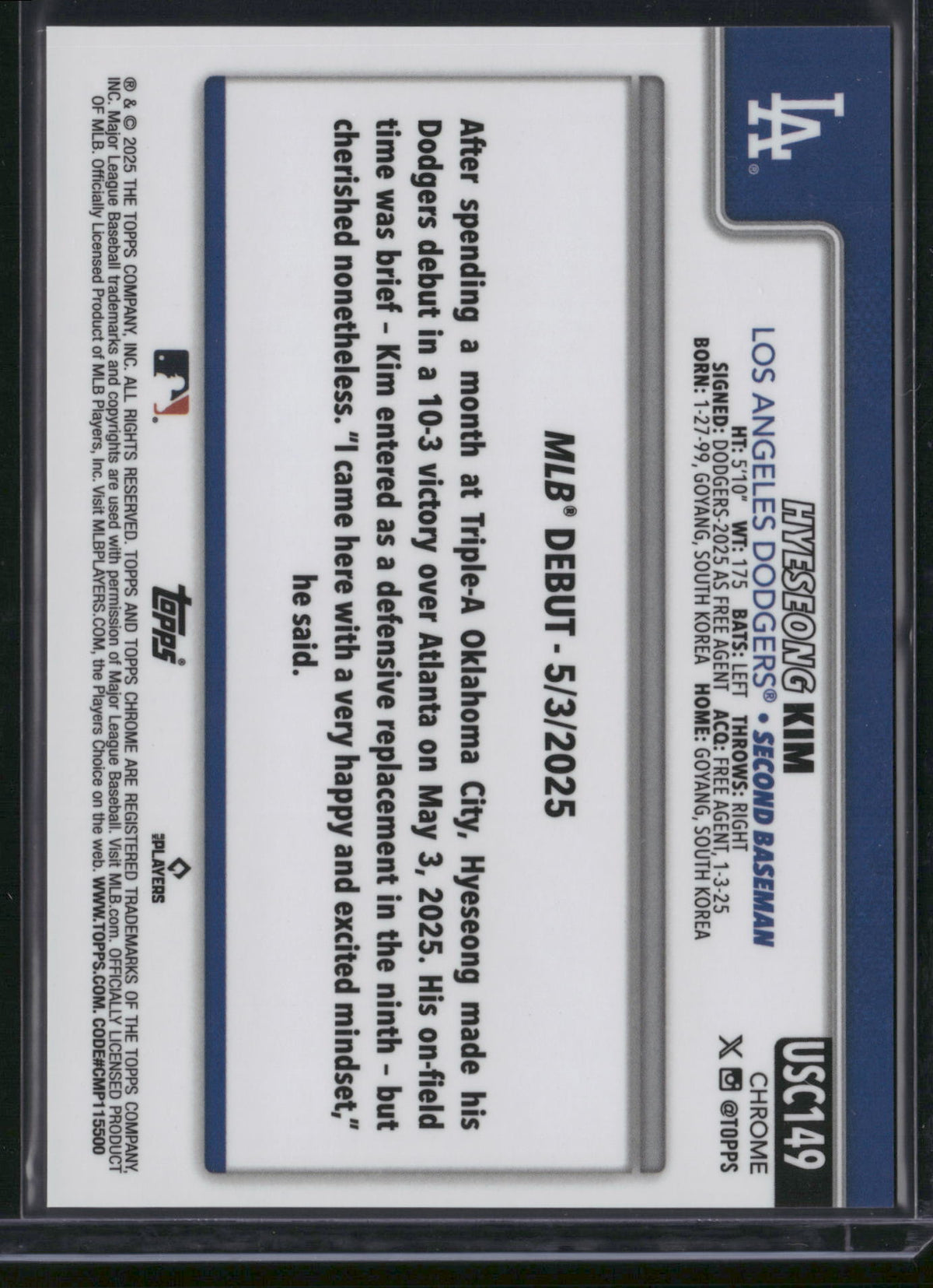 Hye-seong Kim 2025 Topps Chrome Update #USC149 Orange Sapphire /50 RC