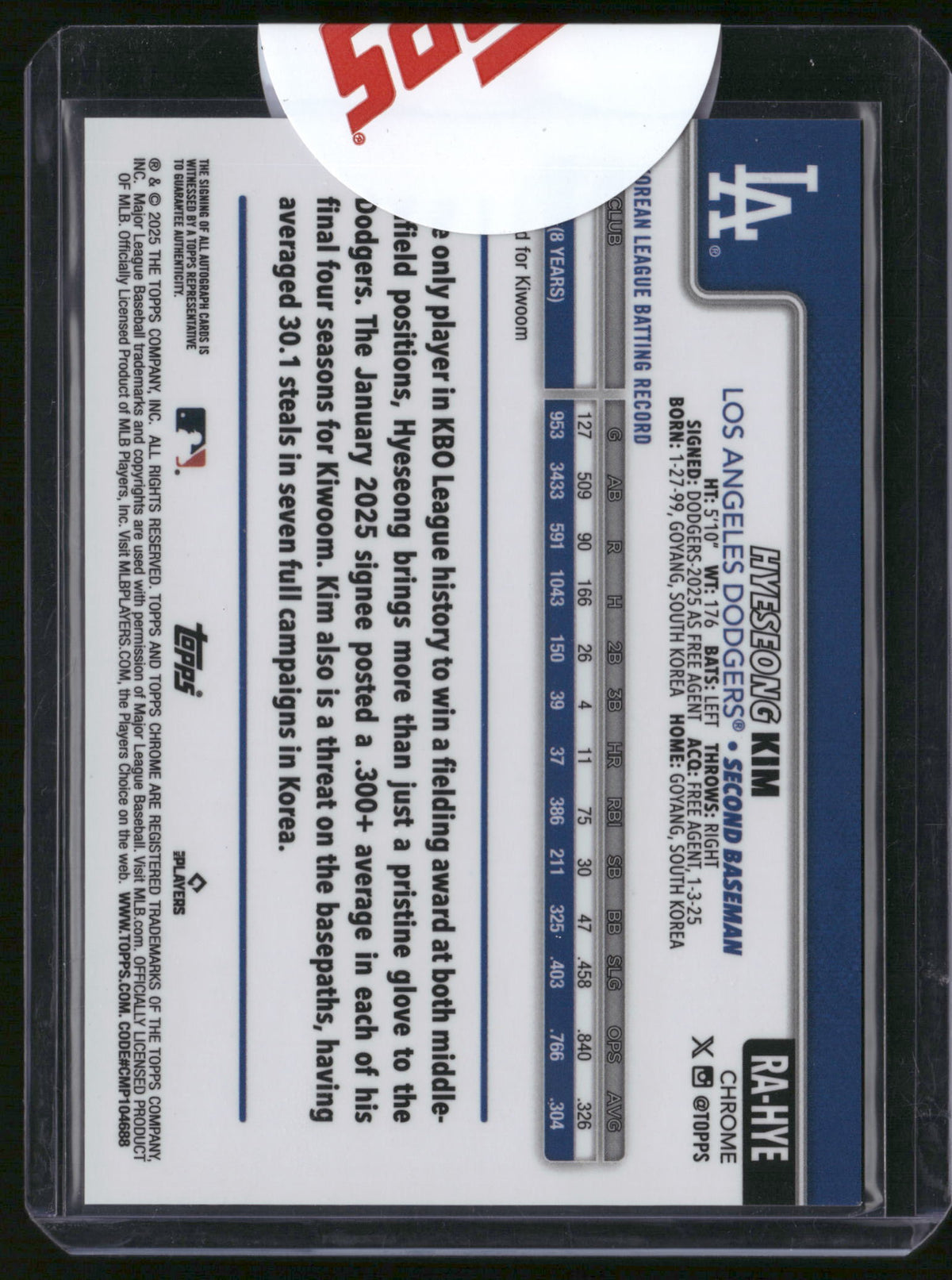 Hye-Seong Kim 2025 Topps Chrome #RA-HYE Purple Speckle /299