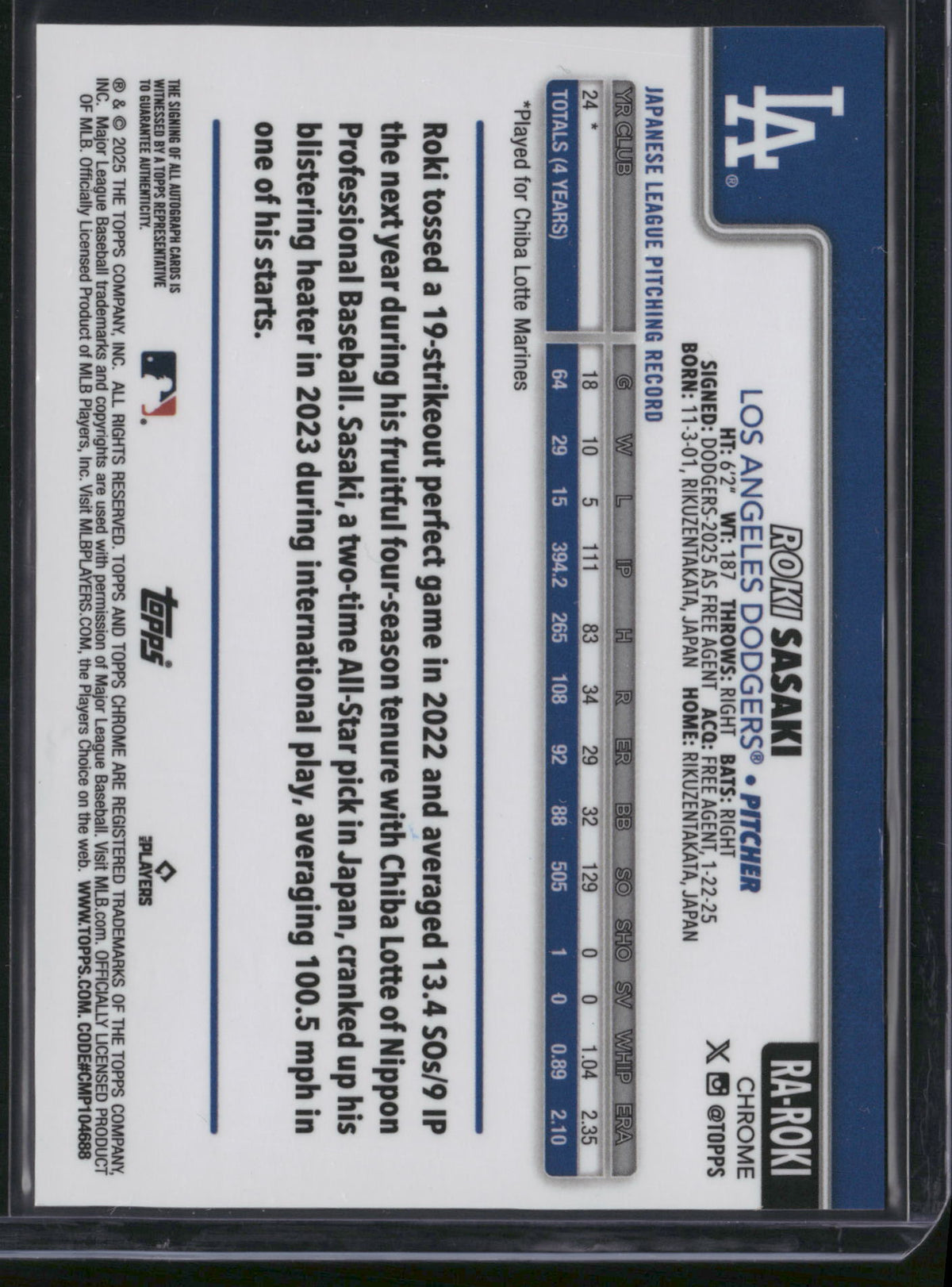 Roki Sasaki 2025 Topps Chrome #RA-ROKI Blue RayWave /150 RC