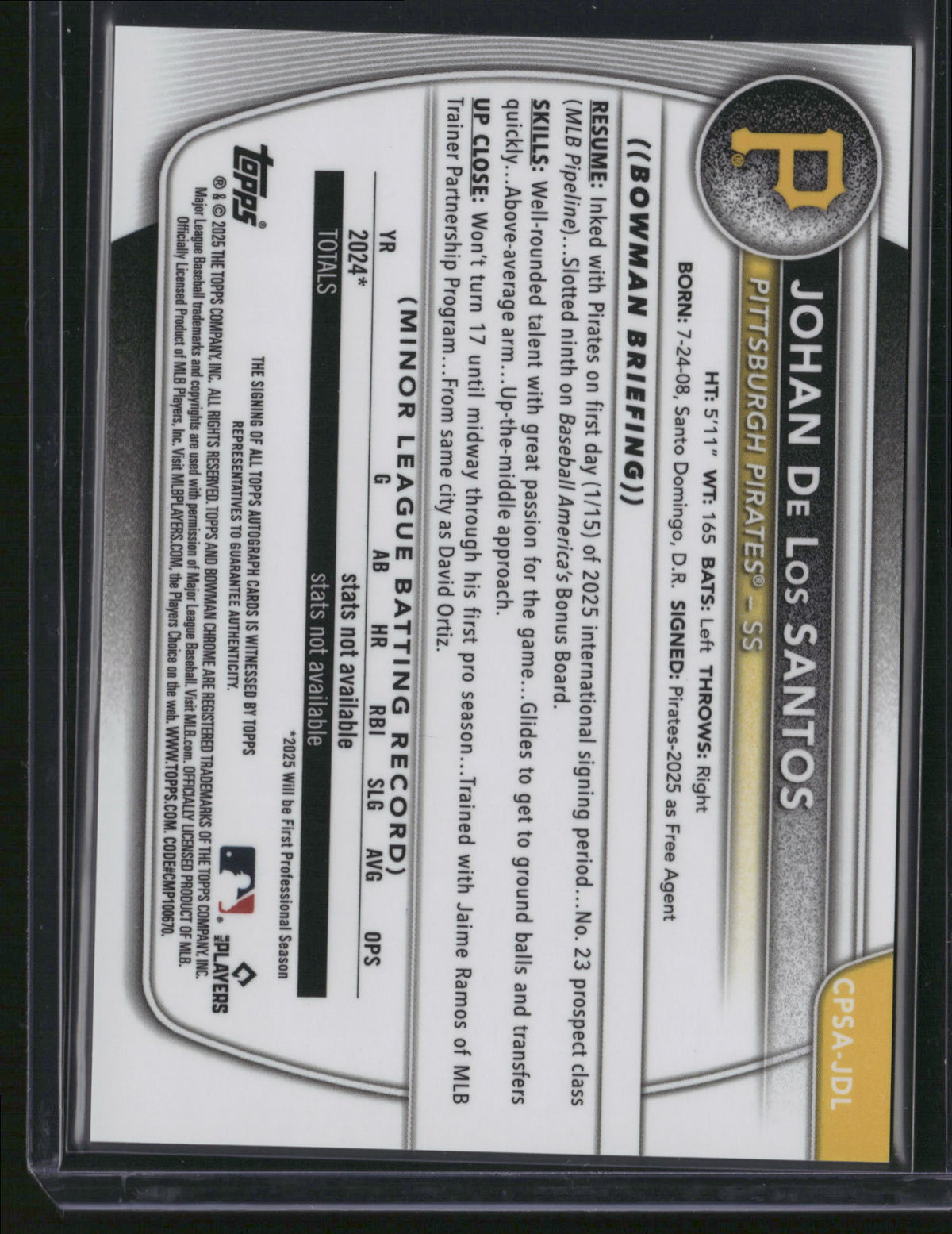 Johan De Los Santos 2025 Bowman Chrome #CPSA-JDL Gold Mojo Refractor /50