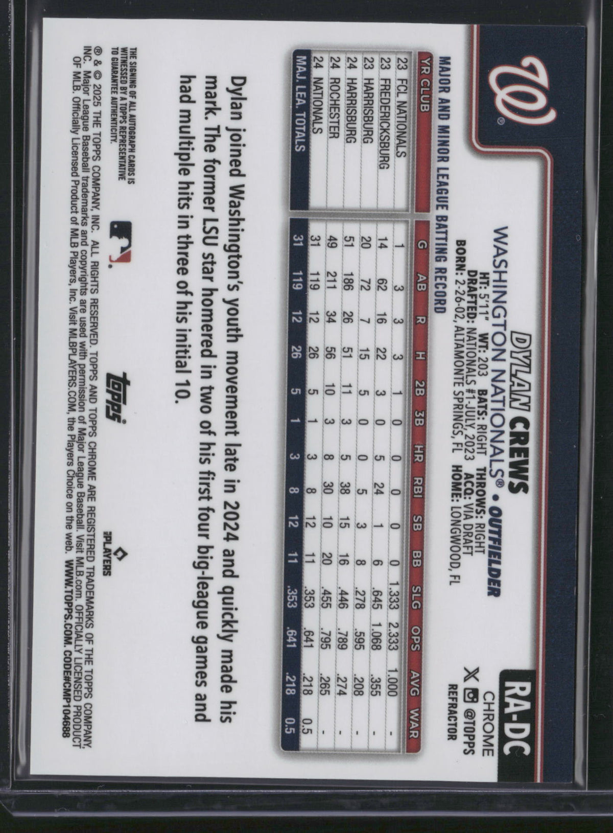 Dylan Crews 2025 Topps Chrome #RA-DC Refractor /499 RC