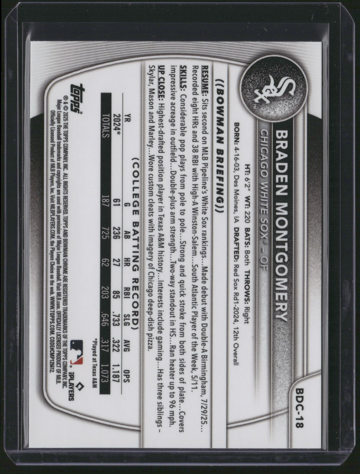 Braden Montgomery 2025 Bowman Chrome #BDC-18 Blue RayWave Refractor