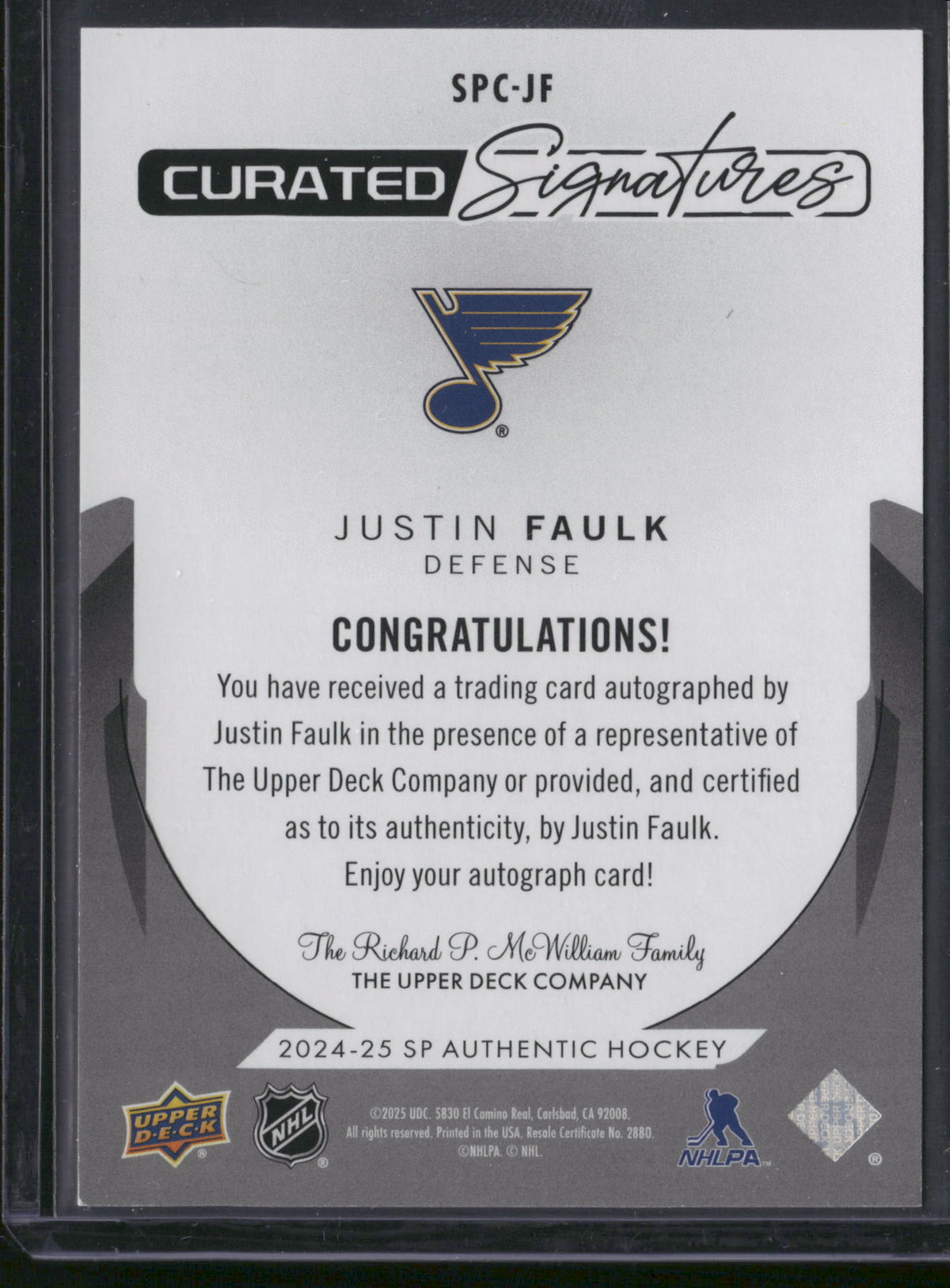 Justin Faulk 2025 Upper Deck SP Authentic Curated Signatures #SPC-JF /299