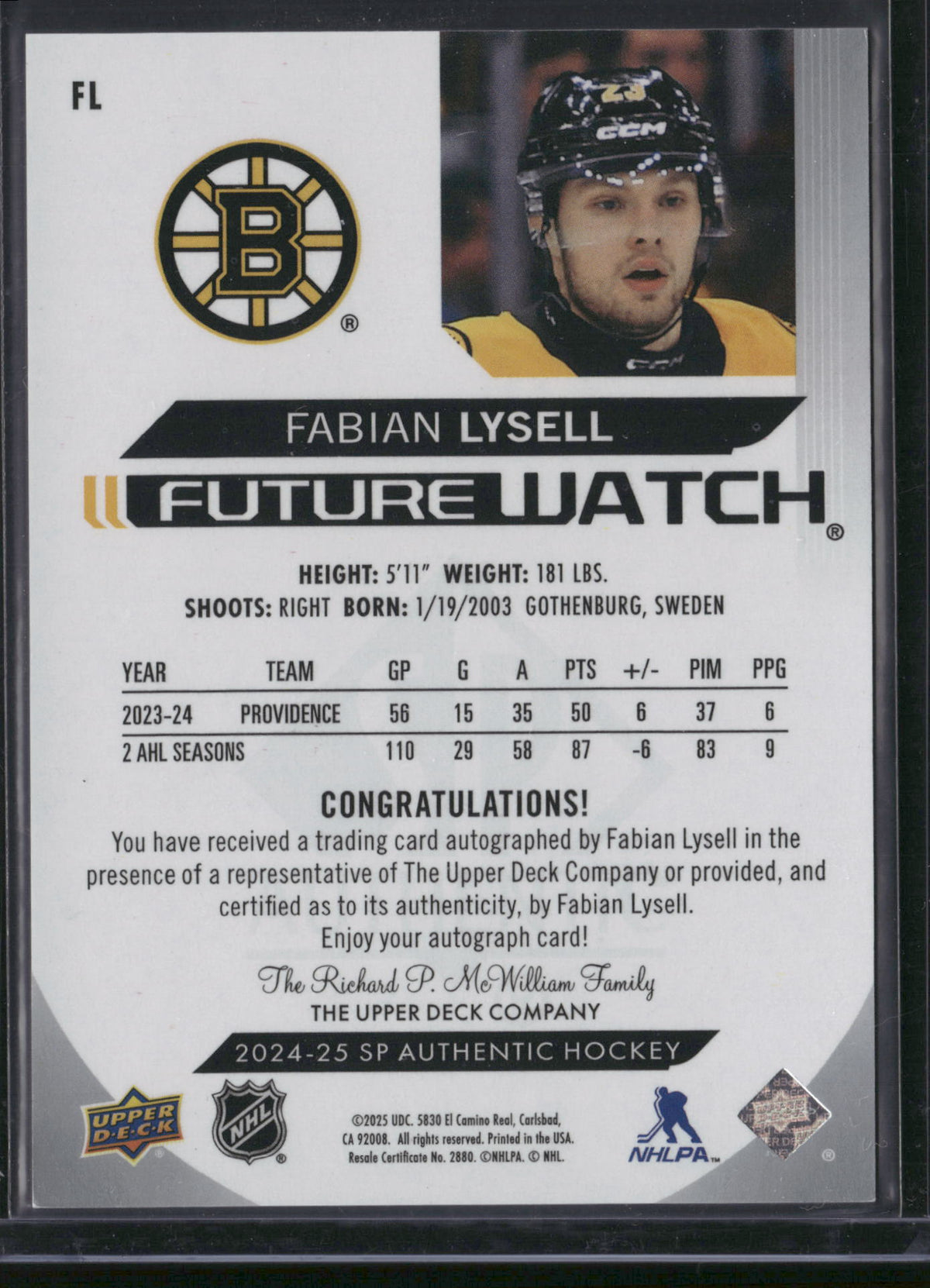 Fabian Lysell 2024 Upper Deck SP Authentic Future Watch #FL /999