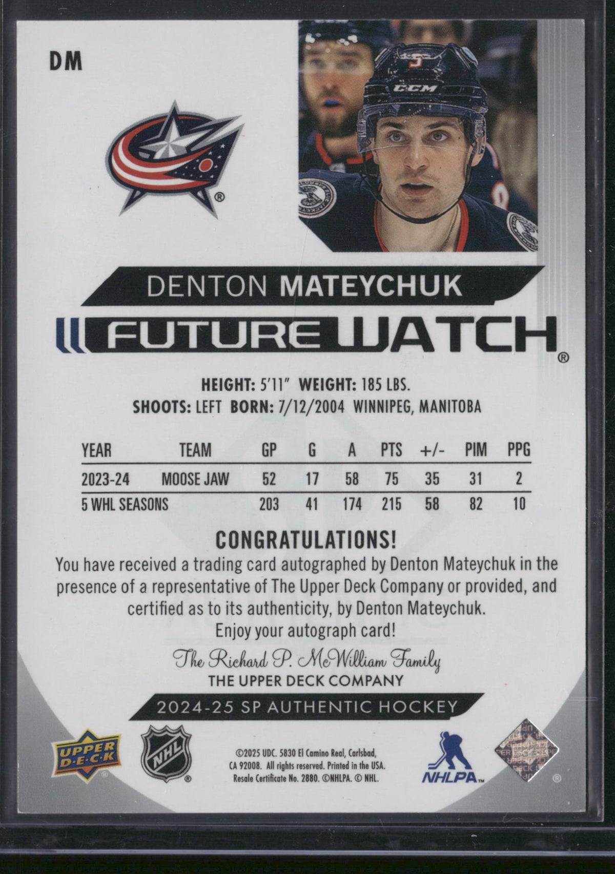 Denton Mateychuk 2024 Upper Deck SP Authentic Future Watch #DM