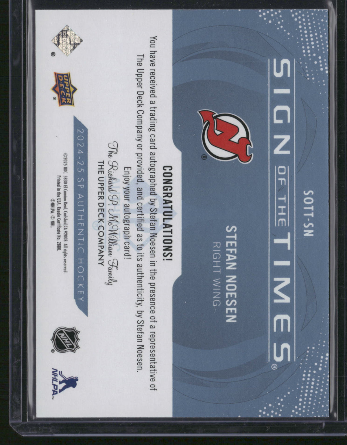 Stefan Noesen 2025 Upper Deck SP Authentic Sign of the Times #SOTT-SN