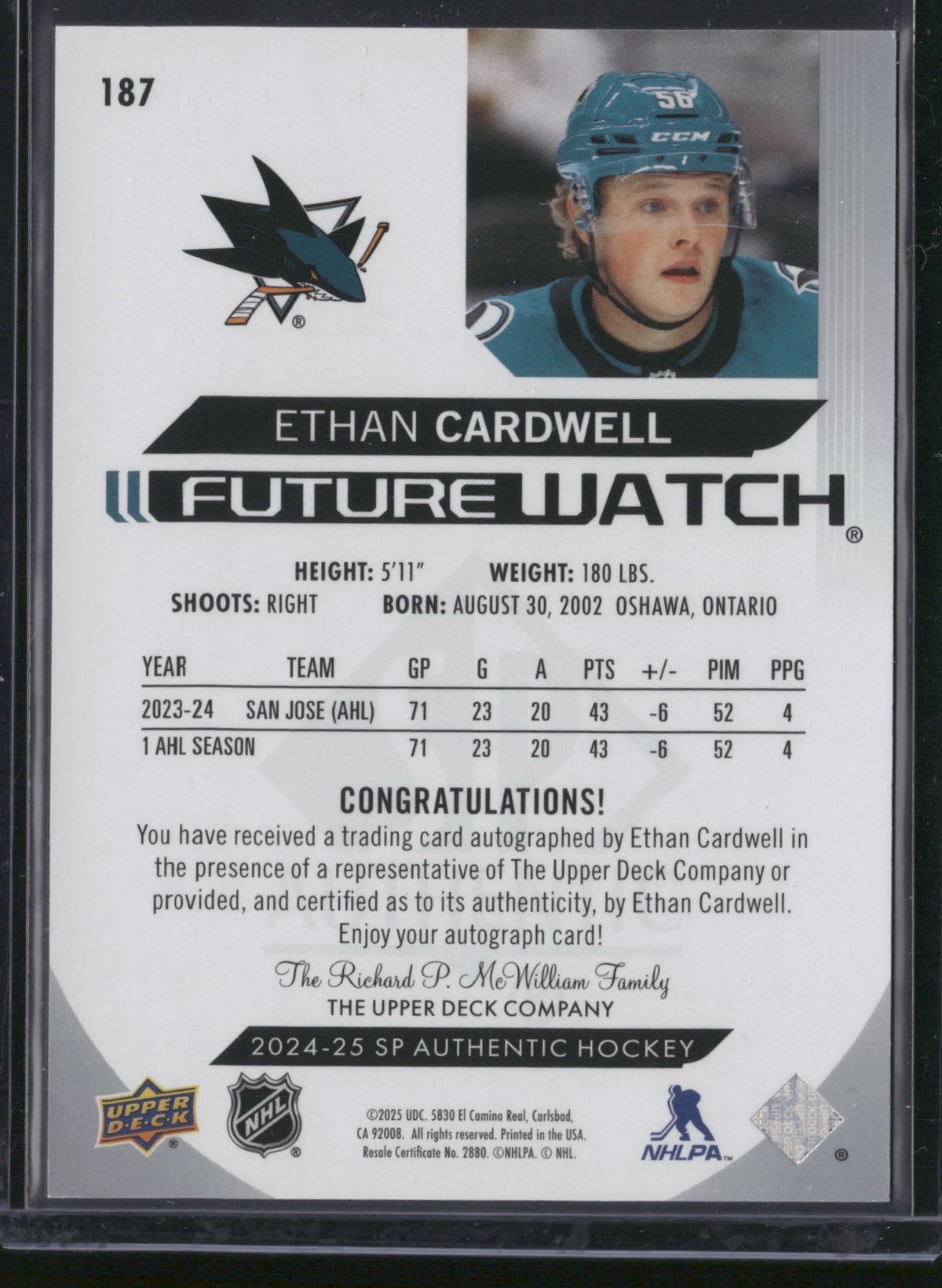 Ethan Cardwell 2025 Upper Deck SP Authentic Future Watch #187 /999