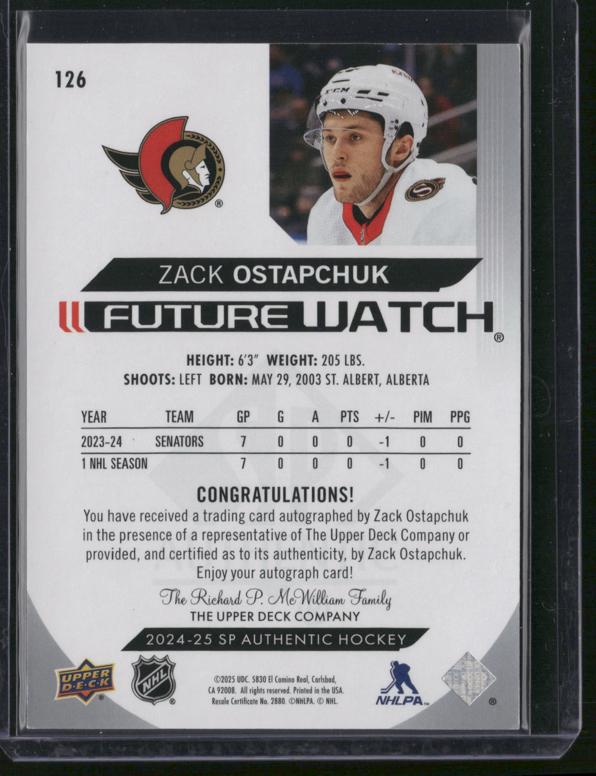 Zack Ostapchuk 2025 Upper Deck SP Authentic Future Watch #126