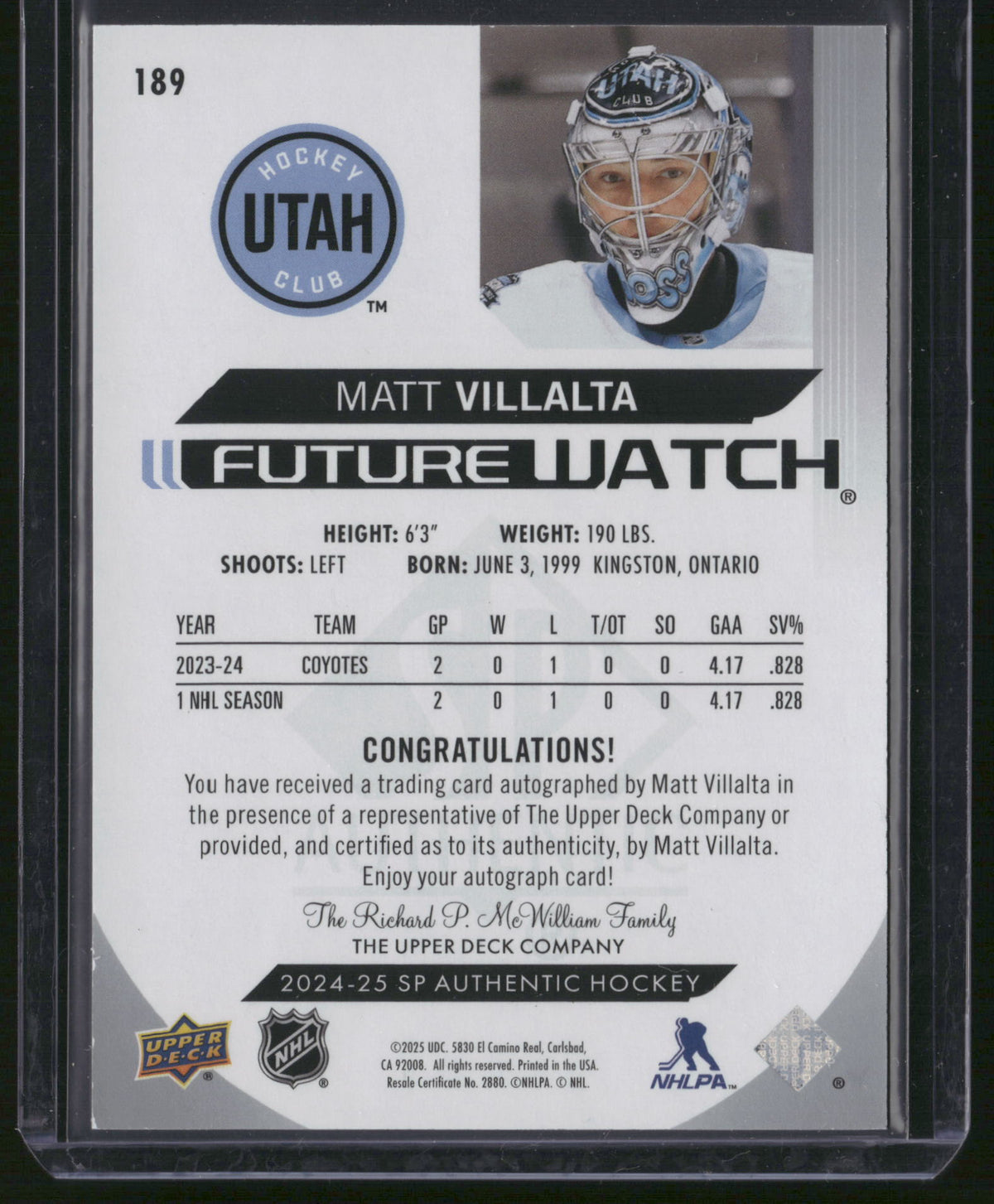 Matt Villalta 2025 Upper Deck SP Authentic Future Watch #189 /999