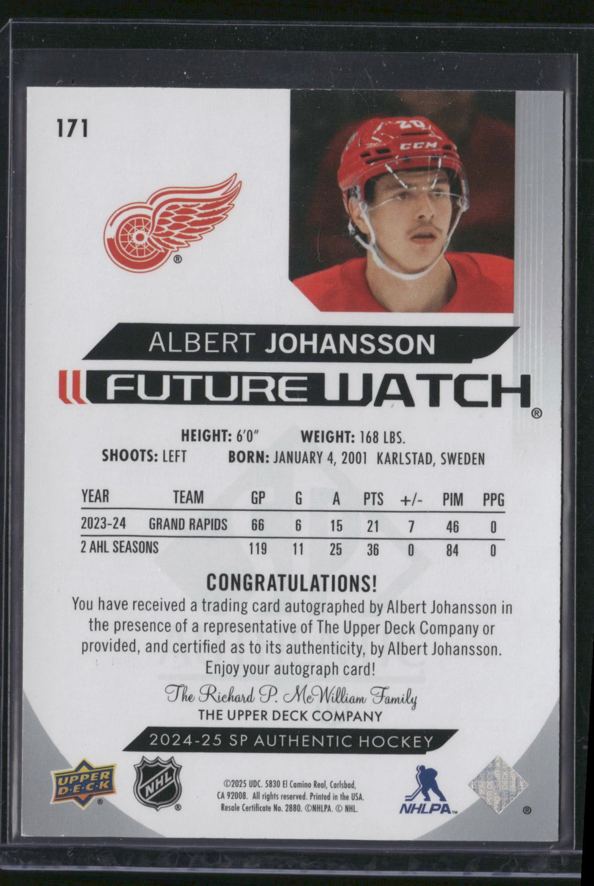 Albert Johansson 2025 Upper Deck SP Authentic Future Watch #171