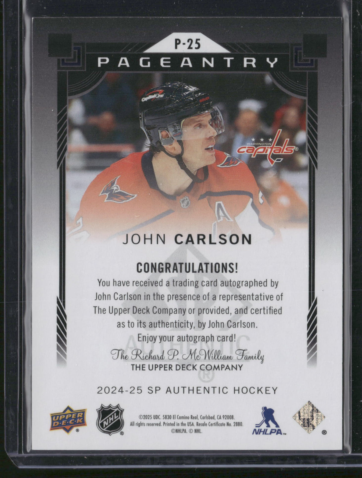 John Carlson 2025 Upper Deck SP Authentic Pageantry #P-25