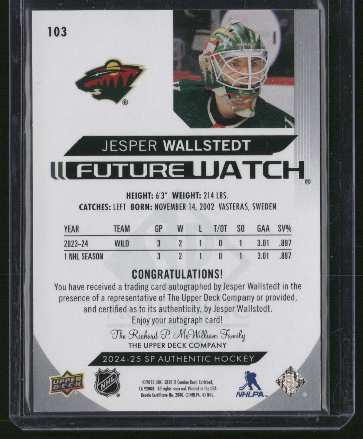 Jesper Wallstedt 2024 Upper Deck SP Authentic Future Watch #103 /999