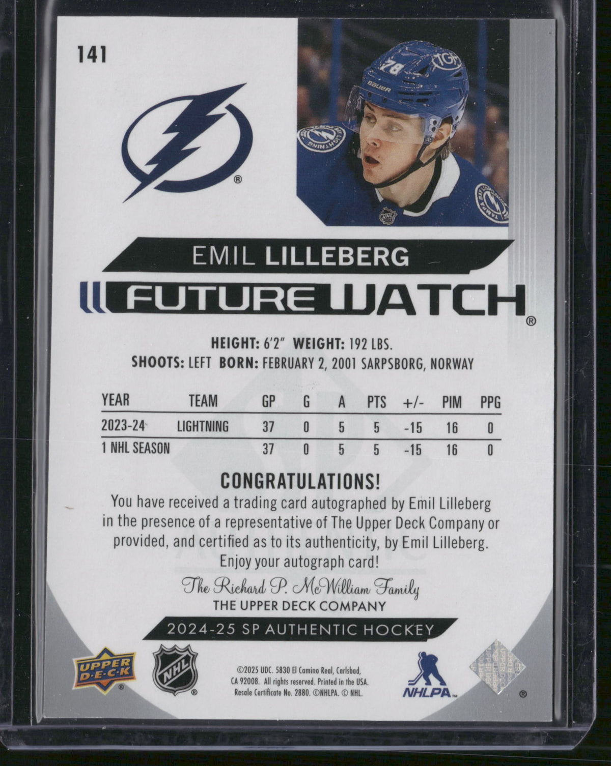 Emil Lilleberg 2025 Upper Deck SP Authentic Future Watch #141 Autograph