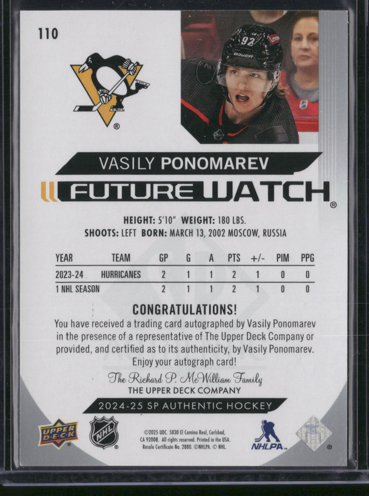 Vasily Ponomarev 2025 Upper Deck SP Authentic Future Watch #110