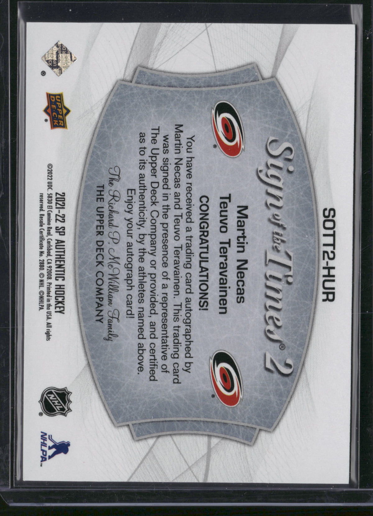 Martin Necas Teuvo Teravainen 2022 Upper Deck SP Authentic Sign of the Times 2 #SOTT2-HUR /25