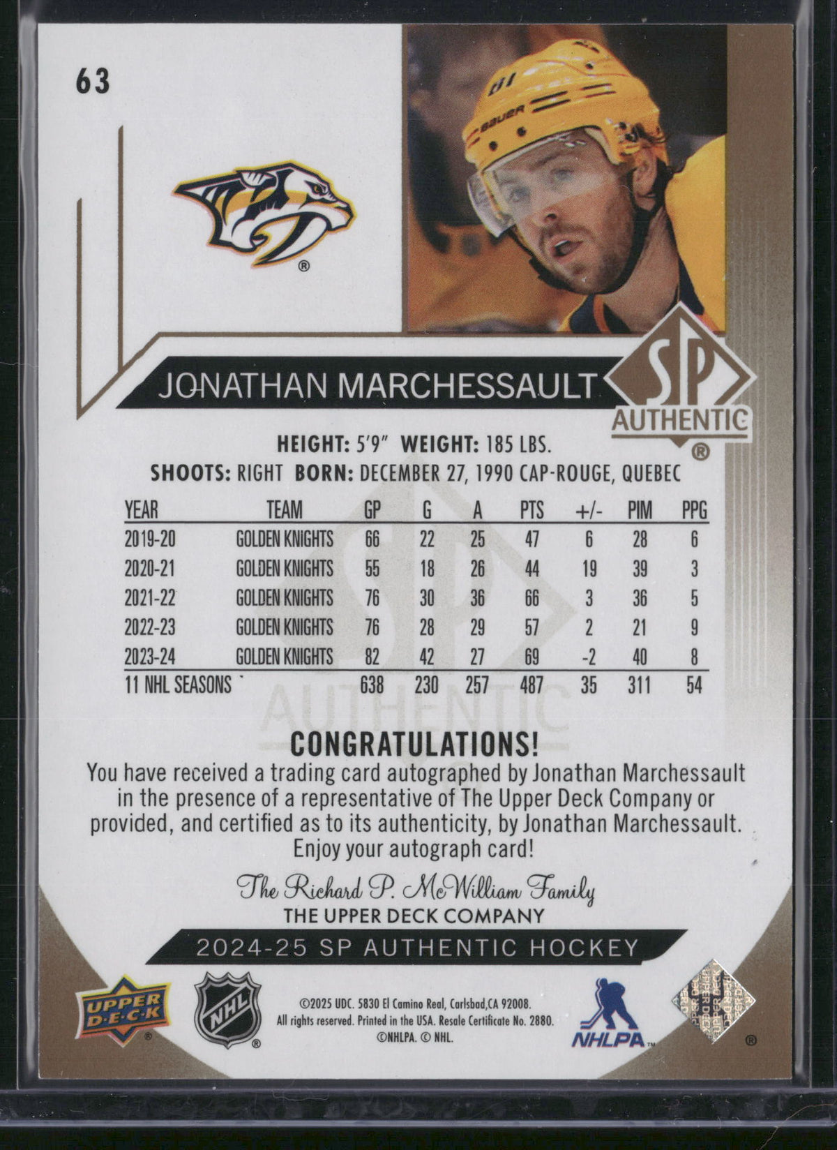 Jonathan Marchessault 2025 Upper Deck SP Authentic Limited #63