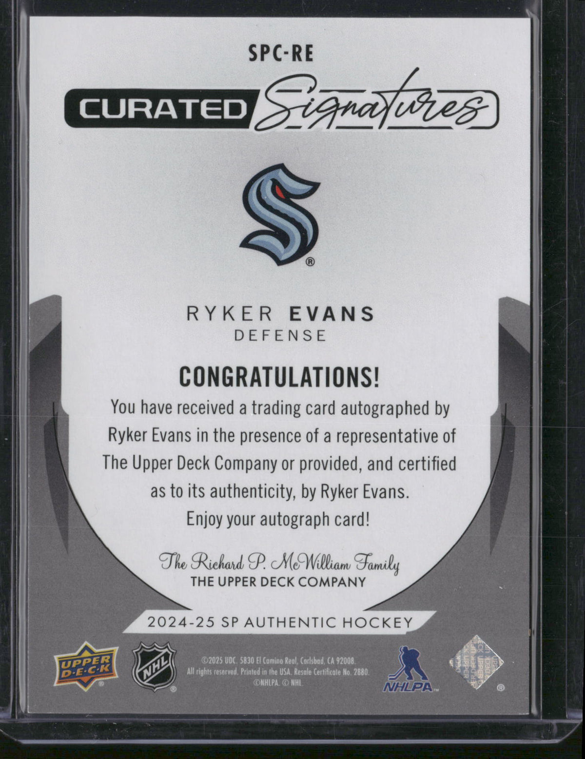 Ryker Evans 2025 Upper Deck SP Authentic Curated Signatures #SPC-RE /299