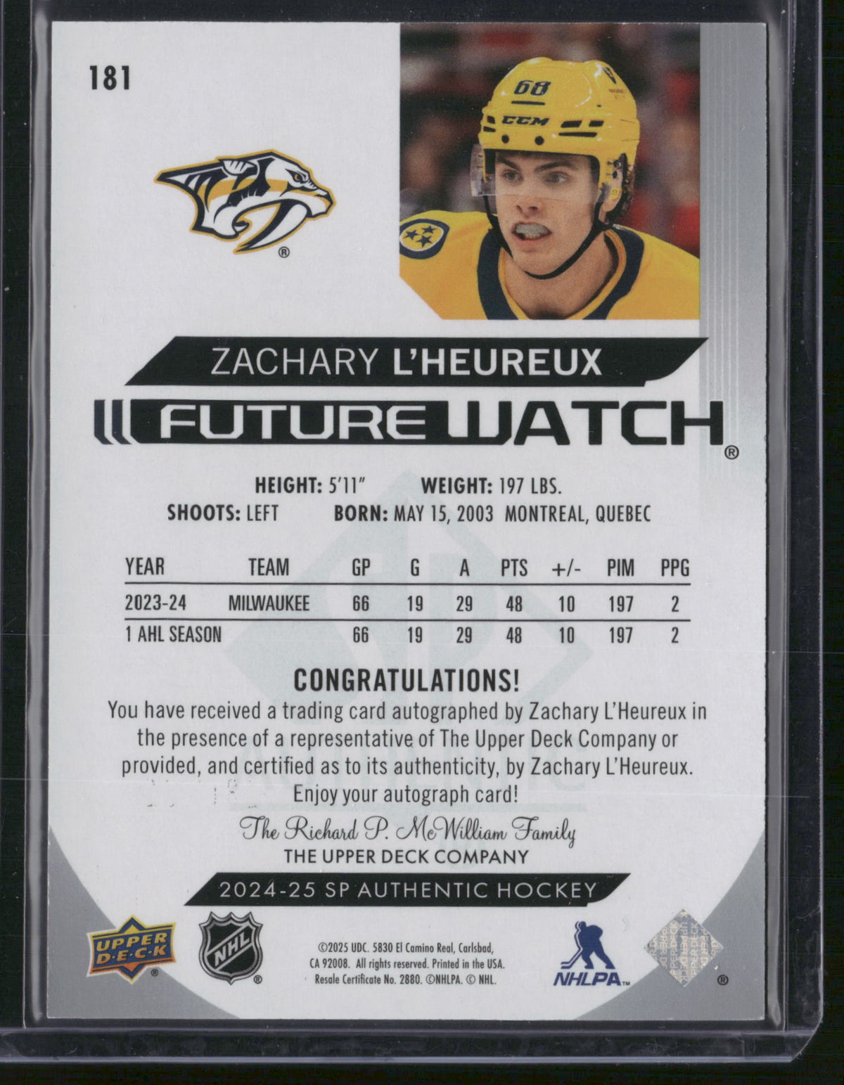 Zachary L'Heureux 2025 Upper Deck SP Authentic Future Watch #181 /999