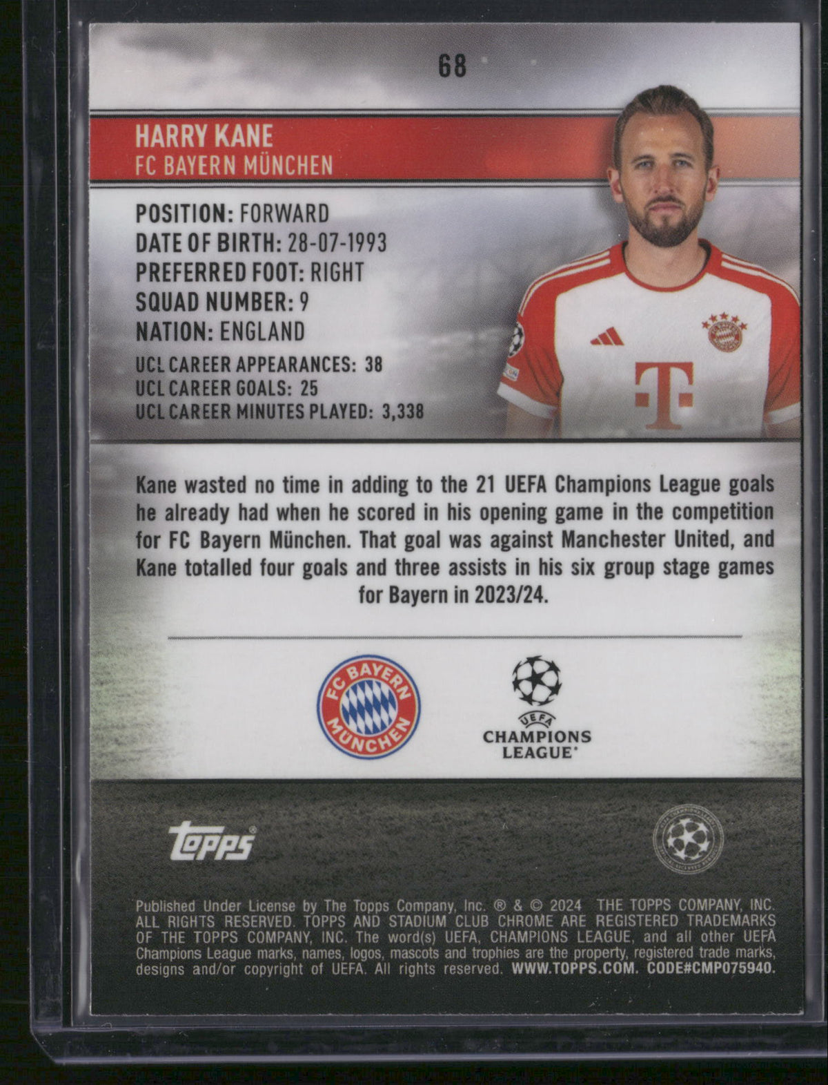 Harry Kane 2024 Topps Stadium Club Chrome #68 Green Electric Charge /199