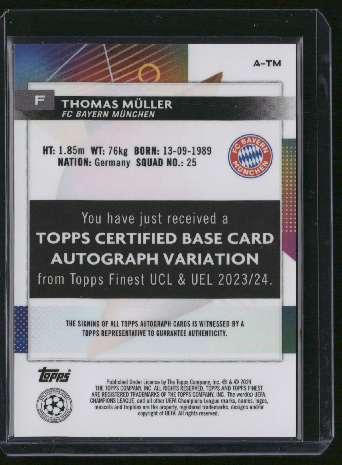 Thomas Müller 2024 Topps Finest UCL & UEL #A-TM Green Refractor /99